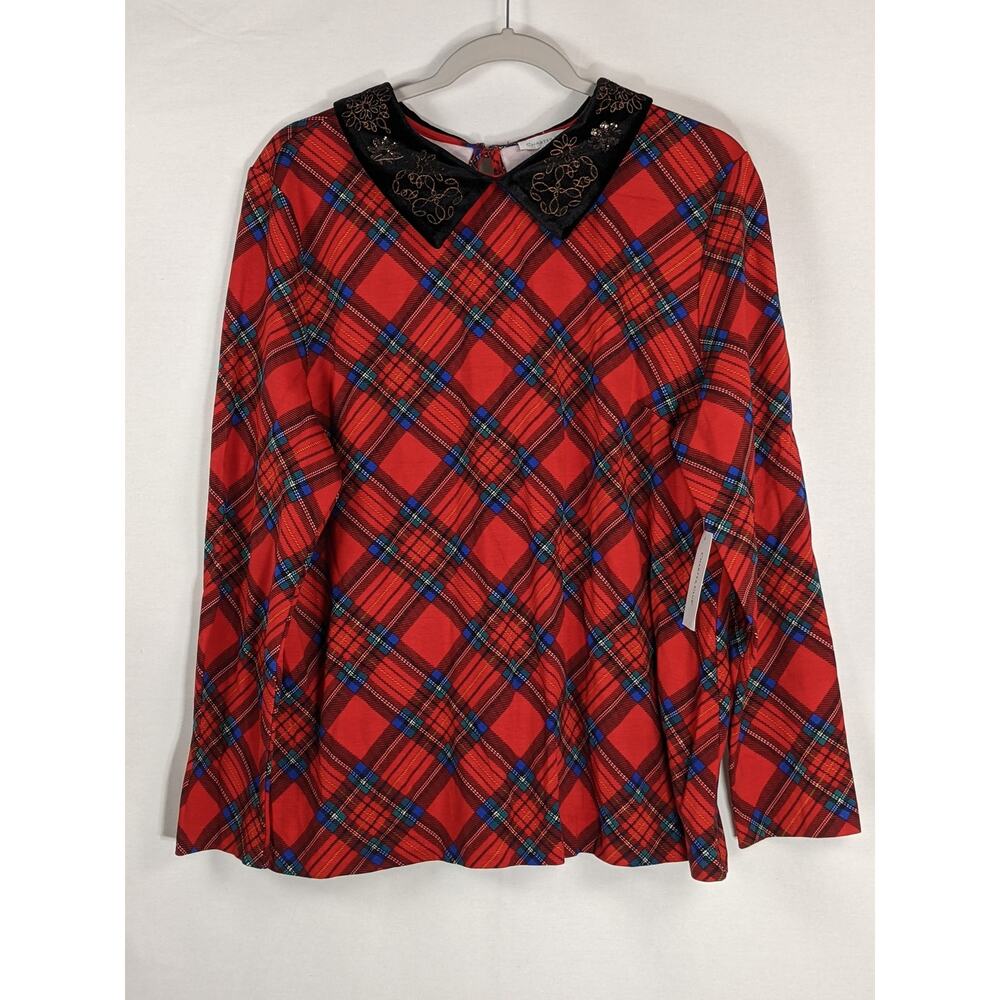 Charter Club Top Velour Collar Embroidery Sequins Plaid Blouse Red Large Holiday